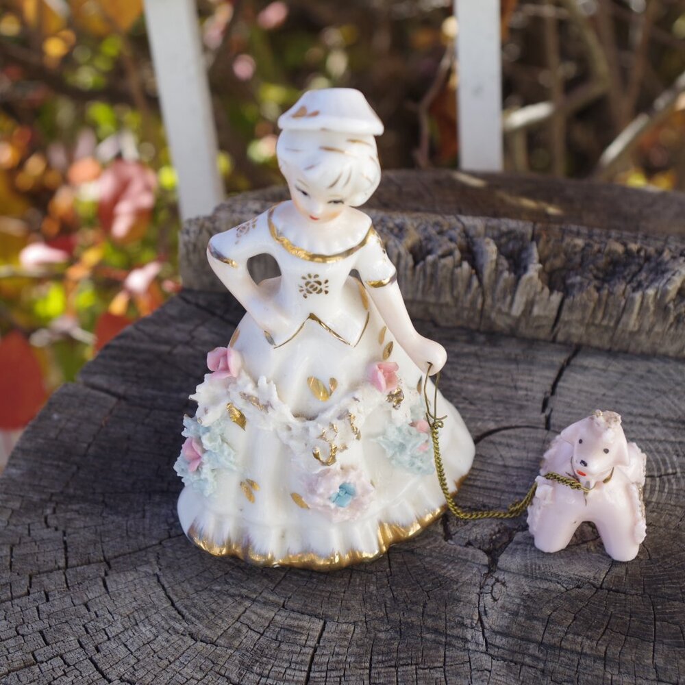Antique Porelain Lady With Her Poodle on Chain Japan